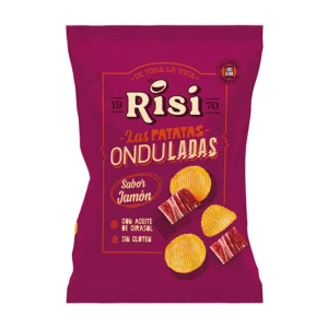 Bolsa pequeña de patatas fritas sabor jamón de la marca Risi, snack crujiente sin gluten en formato individual para meriendas y fiestas