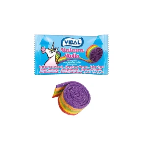 Cintas de gominola enrolladas con los colores del arcoíris y cobertura de azúcar pica-pica.