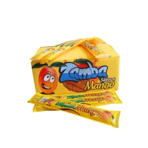 Envase alargado de polo flash líquido con un exótico y dulce sabor a mango de la marca Zamba, listo para congelar