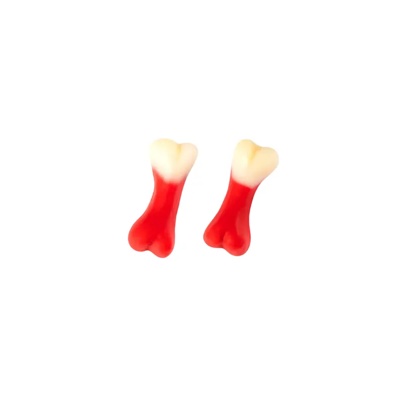 Chuche en forma de hueso con sabor a fresa y cobertura de gelatina