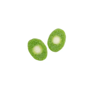 Gominolas con forma de rodaja de kiwi de la marca Vidal, de color verde vibrante, sabor frutal y sin gluten, ideales para Candy Bars tropicales