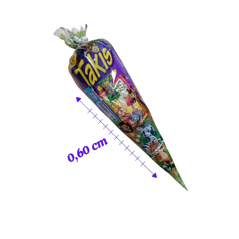 Cono mediano de 60 cm de largo relleno de chuches y snacks, decorado con dibujos de animales de la selva para fiestas infantiles y cumpleaños