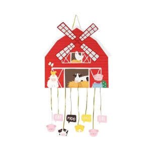 Piñata de temática de granja con colores vivos, medidas 39,5 x 42 cm, con diseño de animales y elementos rurales para fiestas infantiles.