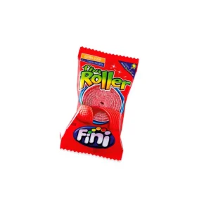 Paquete individual de color rojo de Fini Roller sabor fresa con gráfico de lengua enrollada pica-pica